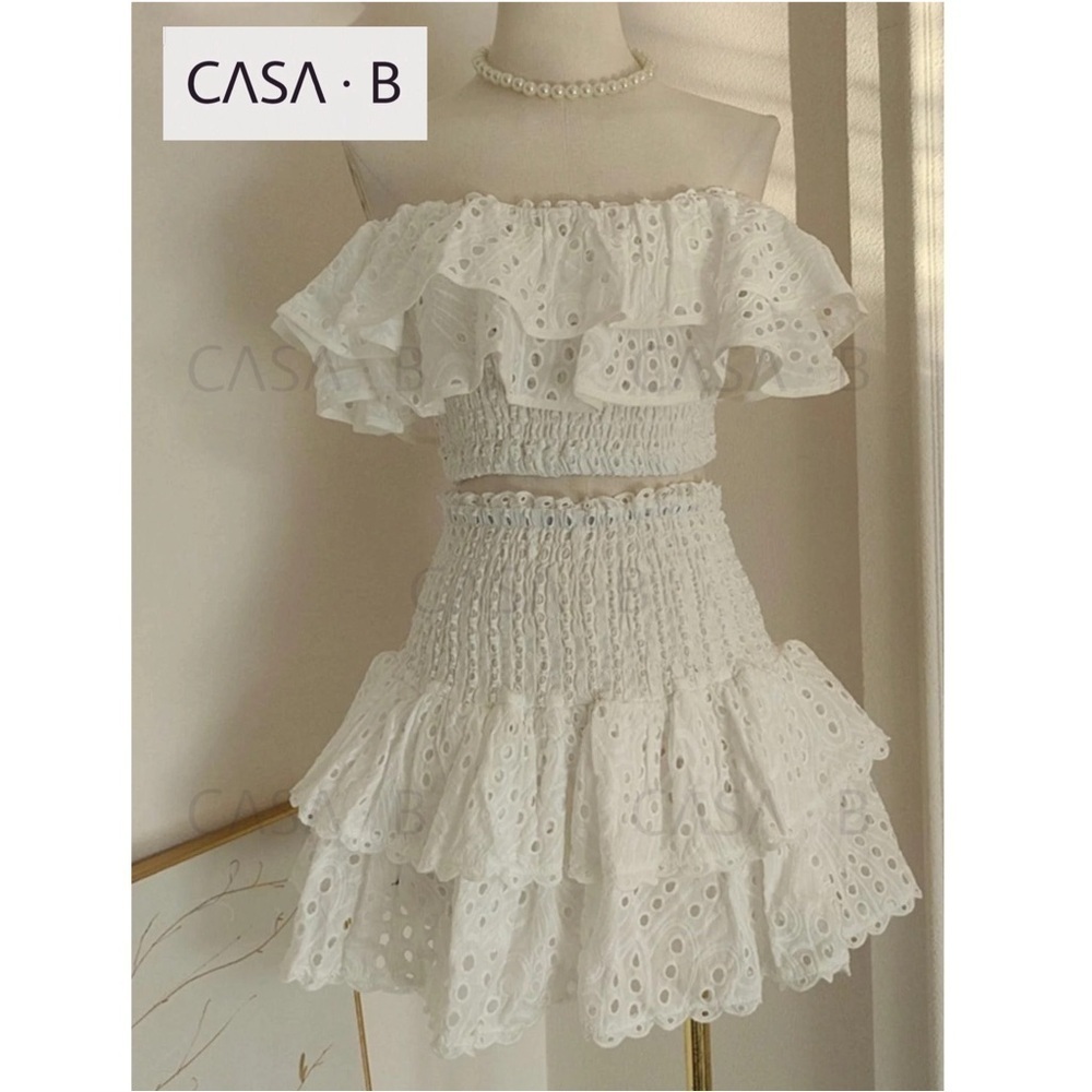 5⭐️CASA B Florence Cotton Ambriose White Eyelet Off Shoulder Ruffle Skirt set - Picture 5 of 9